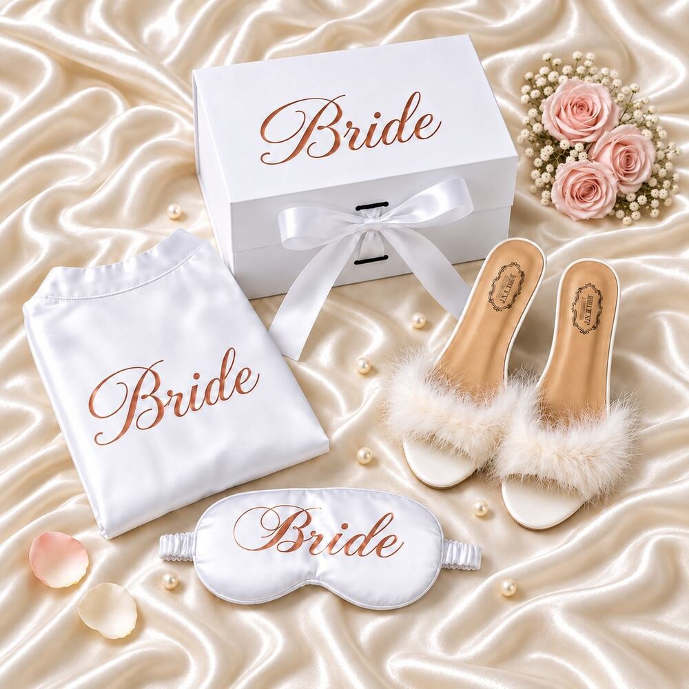 Bride Gift Box Set, Bridal Robe, Feather Slippers &Sleep Mask, Wedding Gift